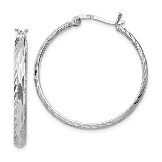 Sterling Silver Rhodium-Plated 2.5mm Textured Round Hoops