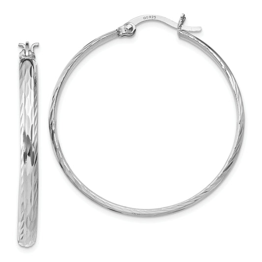 Sterling Silver Rhodium-Plated 2.5mm Textured Round Hoops