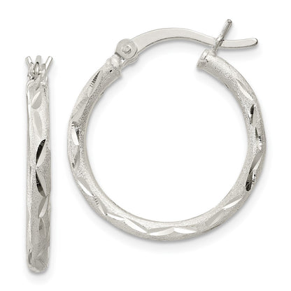 Sterling Silver Satin Diamond-Cut 2X20mm Hoop Earrings