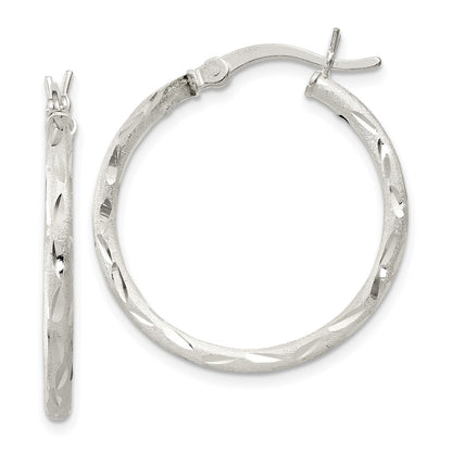 Sterling Silver Satin Diamond-Cut 2X25mm Hoop Earrings