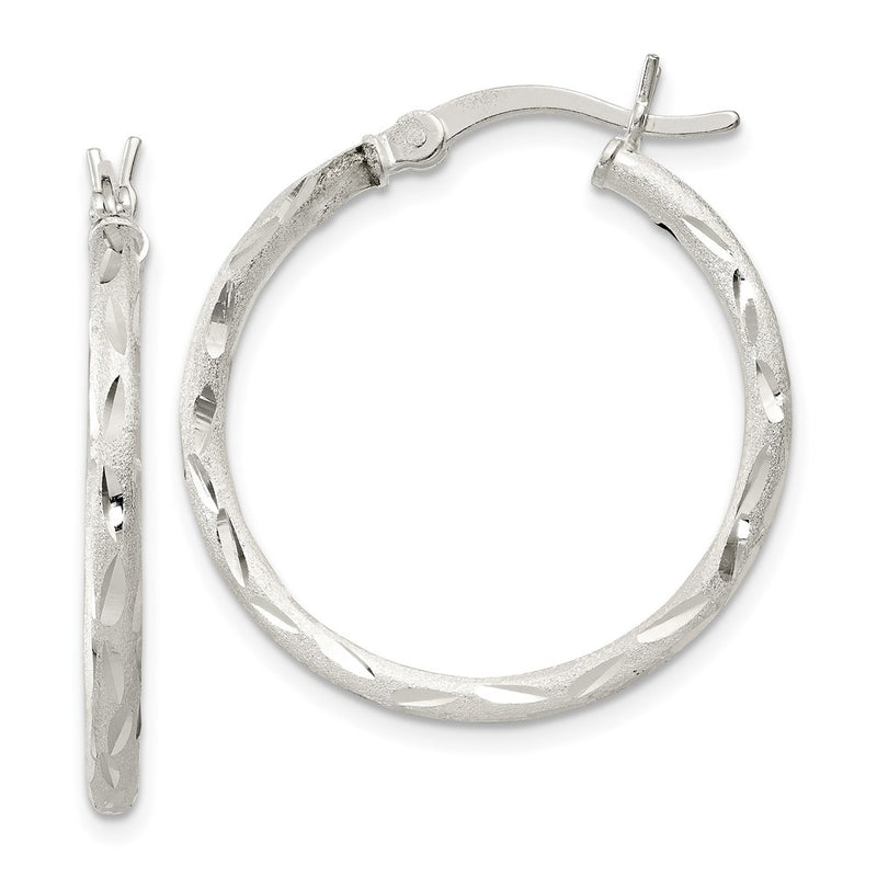 Sterling Silver Satin Diamond-Cut 2X25mm Hoop Earrings