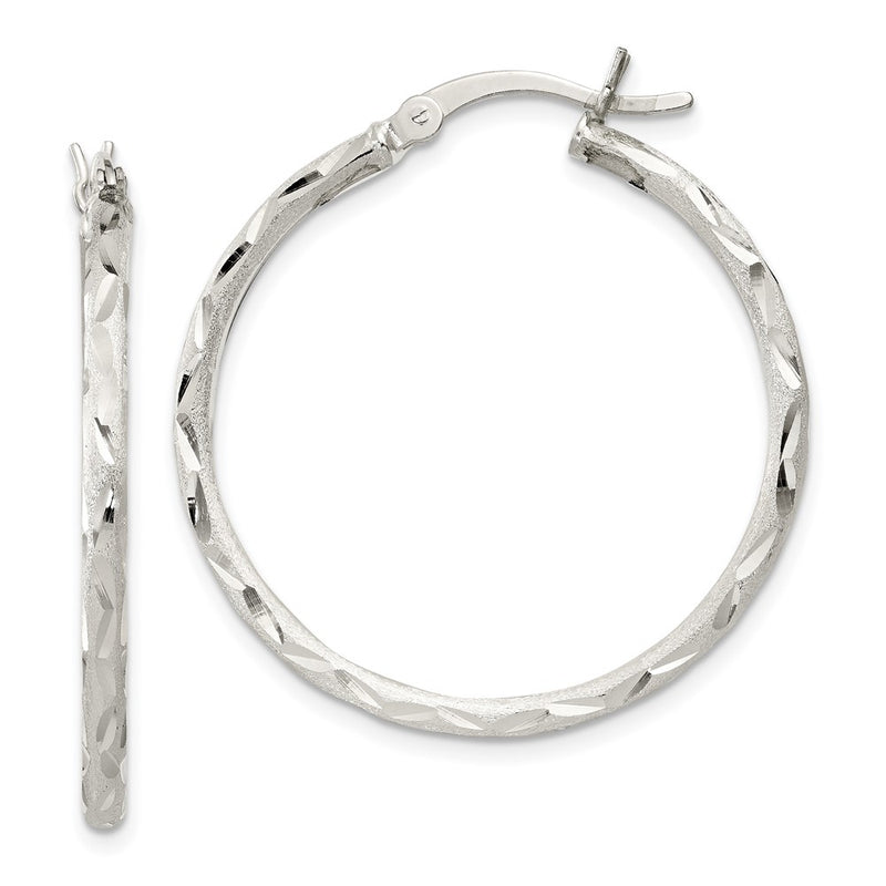 Sterling Silver Satin Diamond-Cut 2X31mm Hoop Earrings