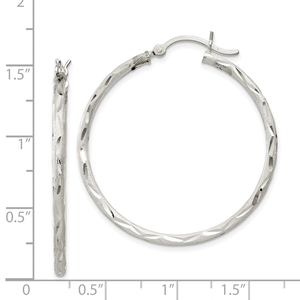 Sterling Silver Satin Diamond-Cut 2X35mm Hoop Earrings