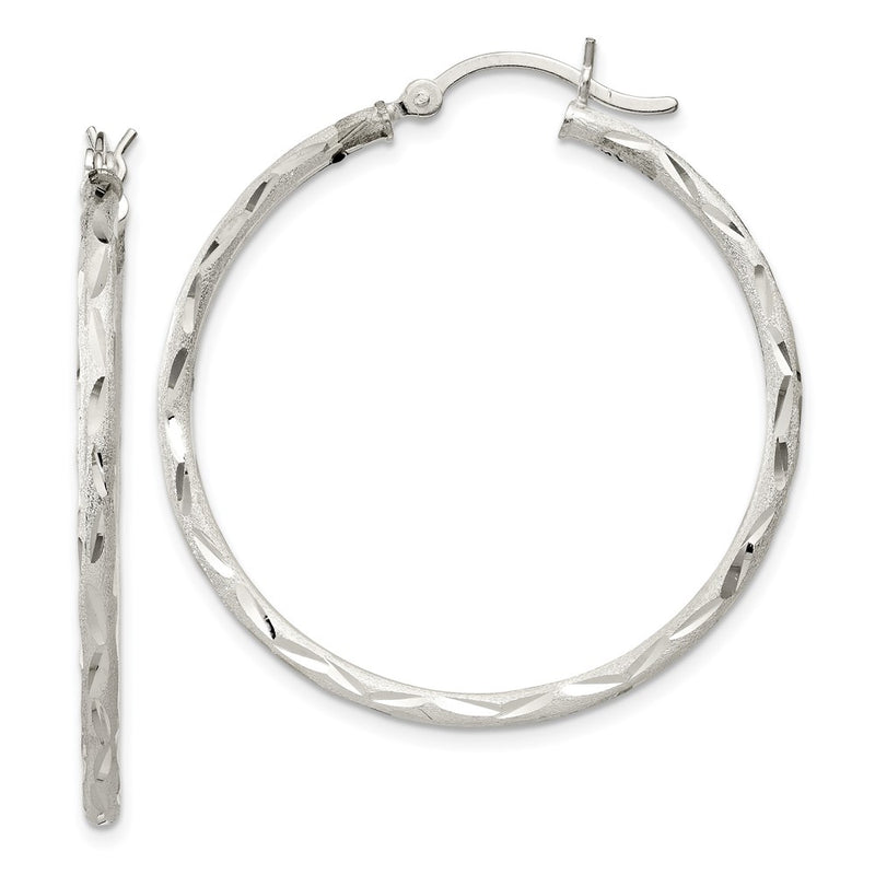 Sterling Silver Satin Diamond-Cut 2X35mm Hoop Earrings