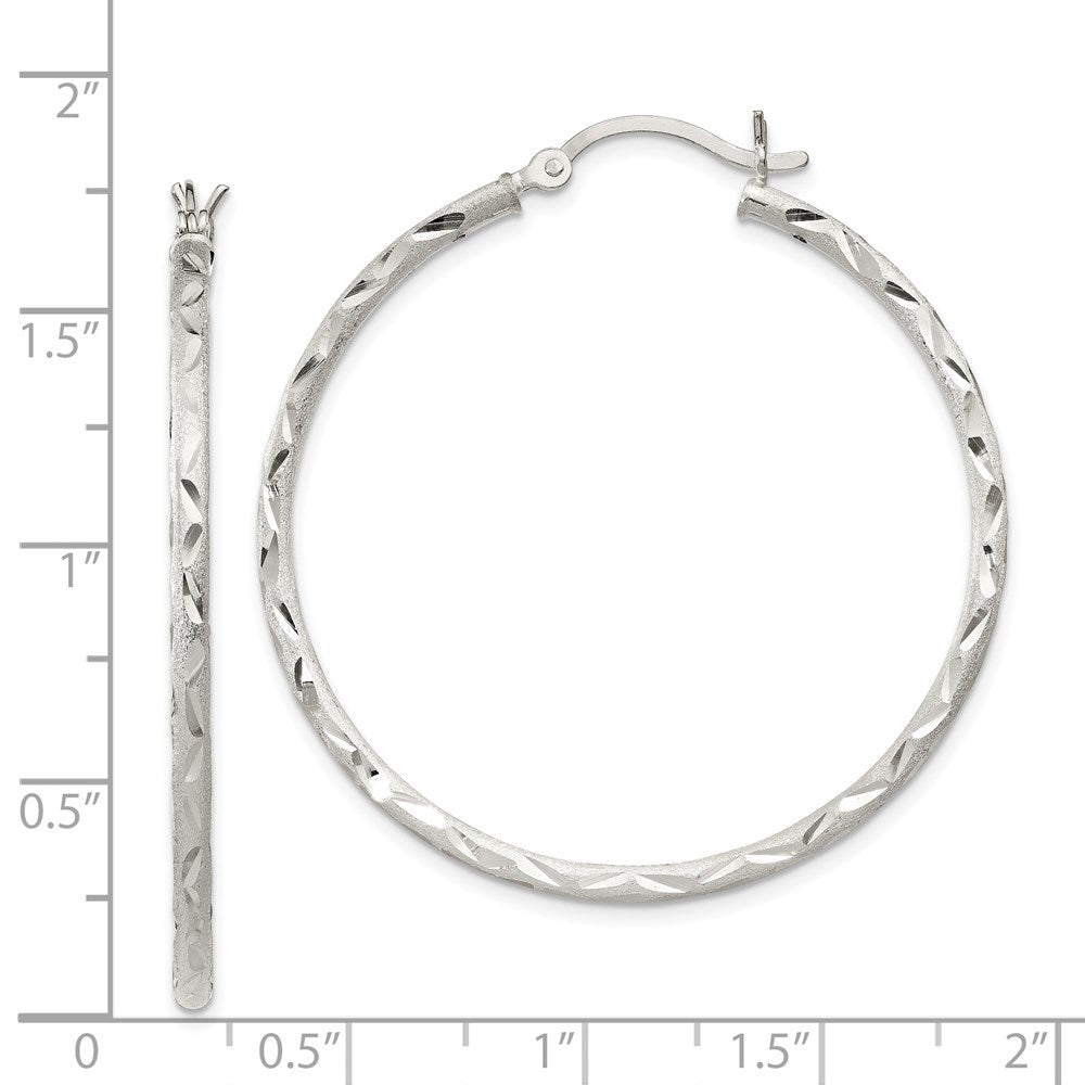Sterling Silver Satin Diamond-Cut 2X40mm Hoop Earrings