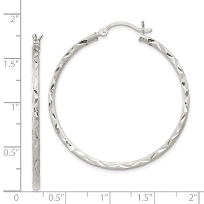 Sterling Silver Satin Diamond-Cut 2X40mm Hoop Earrings