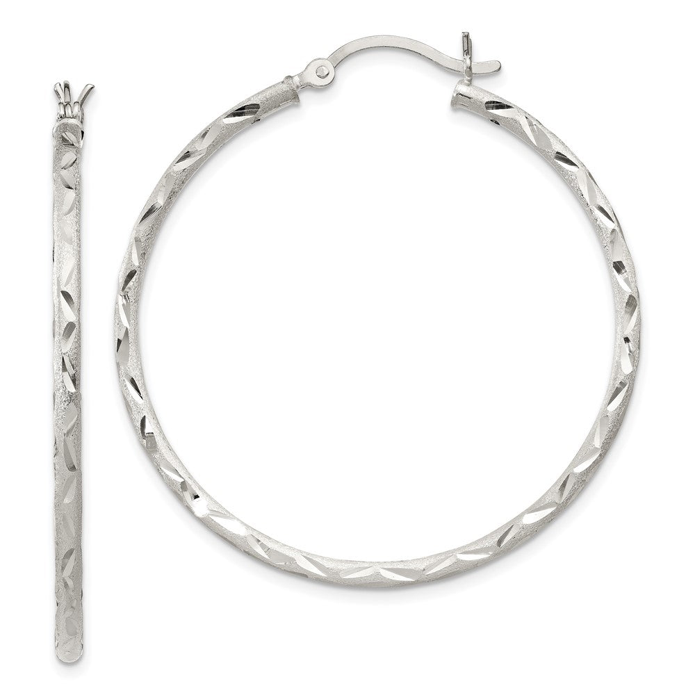 Sterling Silver Satin Diamond-Cut 2X40mm Hoop Earrings