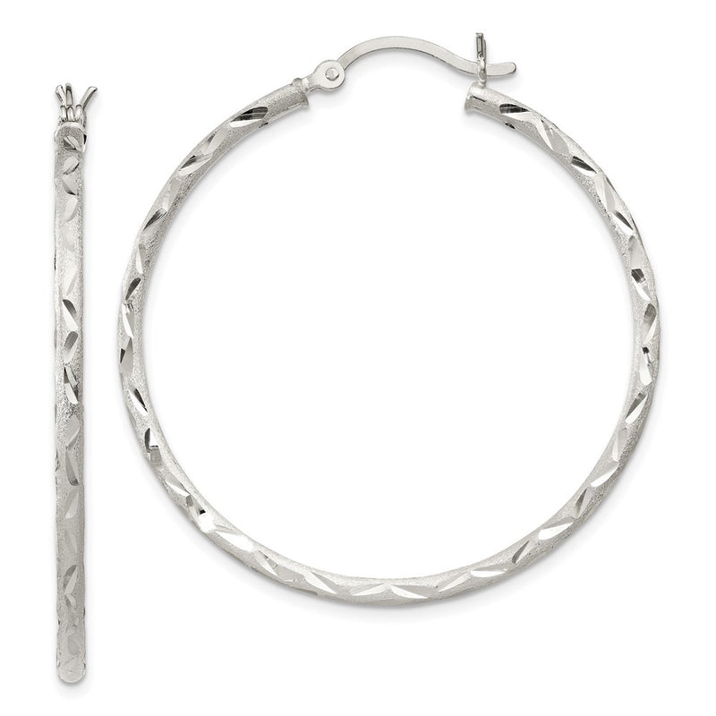 Sterling Silver Satin Diamond-Cut 2X40mm Hoop Earrings