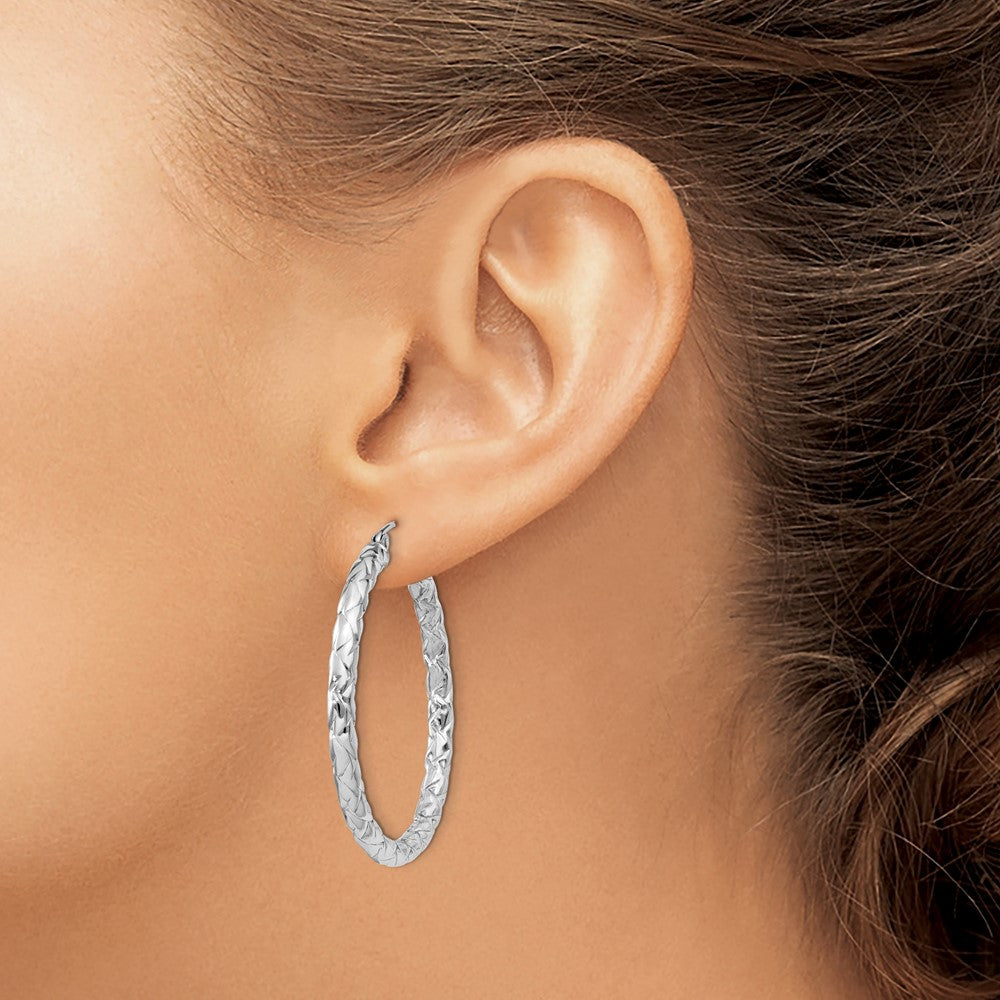 Sterling Silver Rhodium-Plated Textured 3X35mm Hoop Earrings