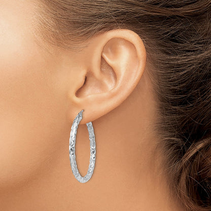Sterling Silver Rhodium-Plated Textured 3X35mm Hoop Earrings