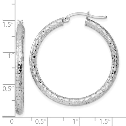 Sterling Silver Rhodium-Plated Textured 3X35mm Hoop Earrings