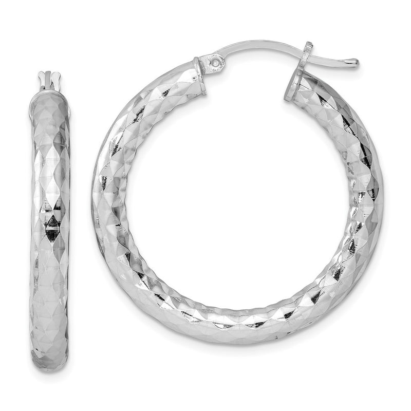 Sterling Silver Rhodium-Plated Textured 4X30mm Hoop Earrings