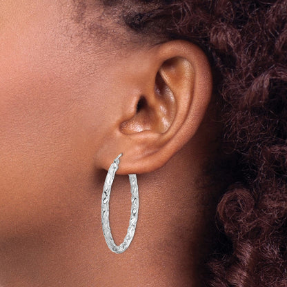 Sterling Silver Rh-Plated D/C Textured 3mm Oval Hoop Earrings