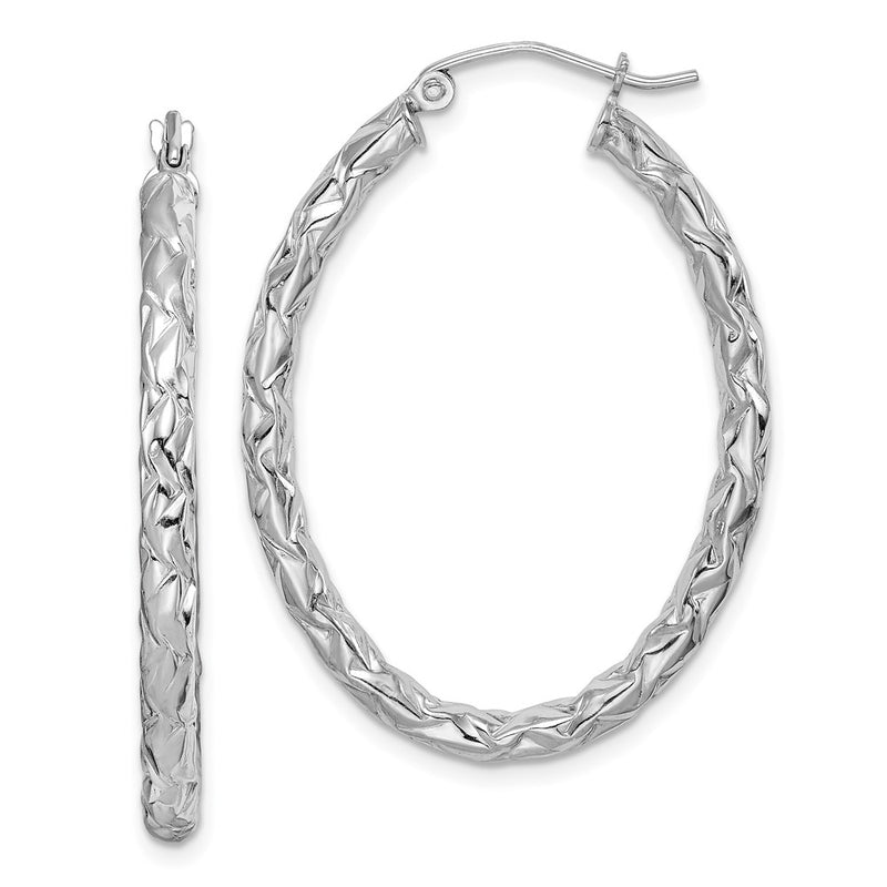 Sterling Silver Rh-Plated D/C Textured 3mm Oval Hoop Earrings