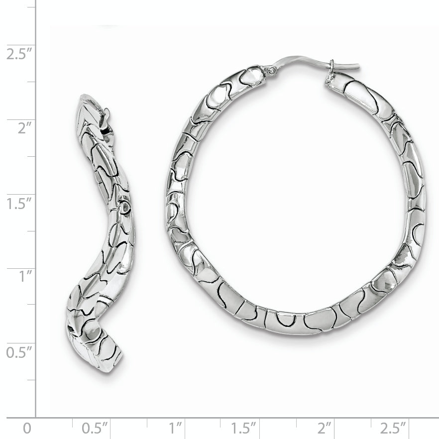 Sterling Silver Rhodium-Plated Polished Waved Hinged Hoops