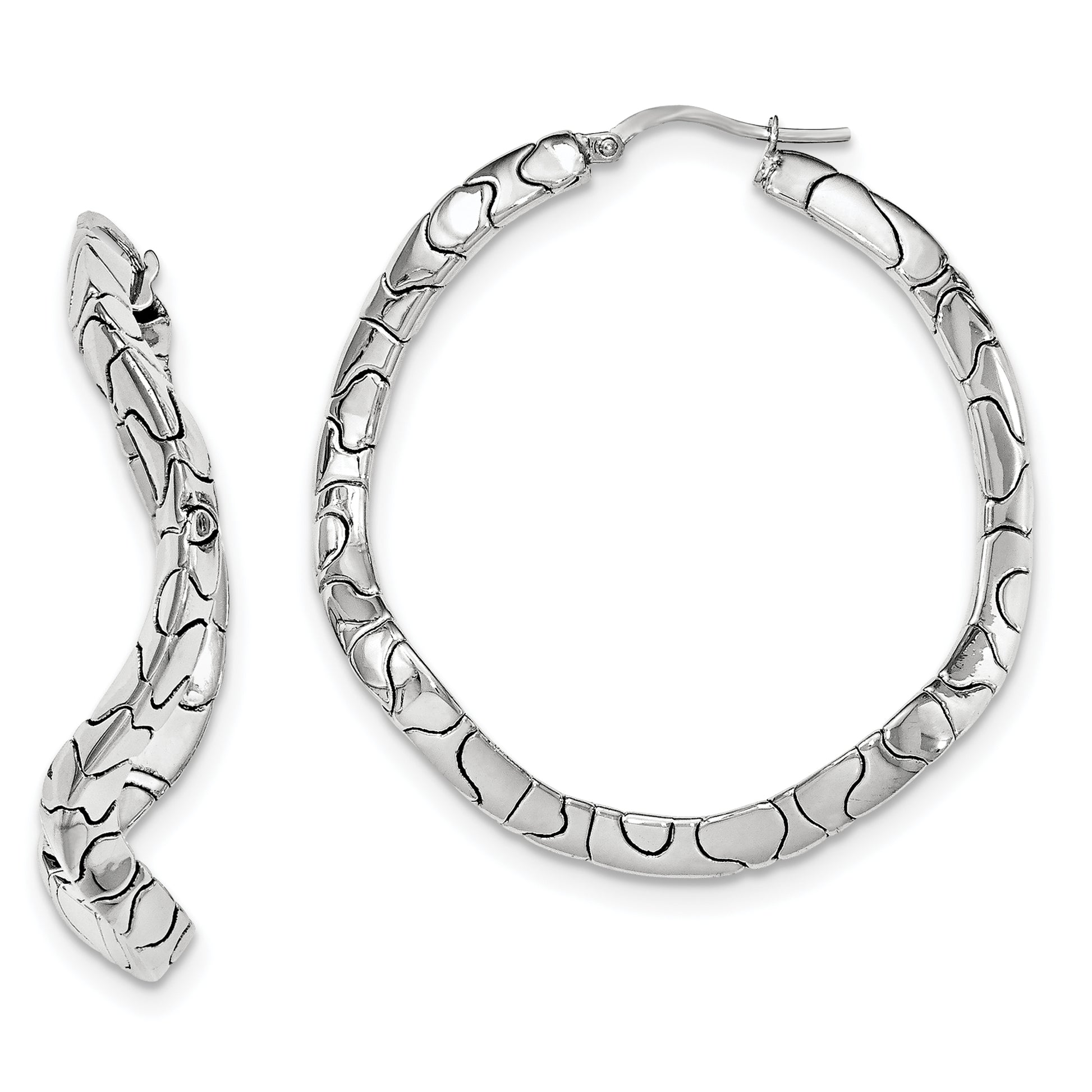 Sterling Silver Rhodium-Plated Polished Waved Hinged Hoops
