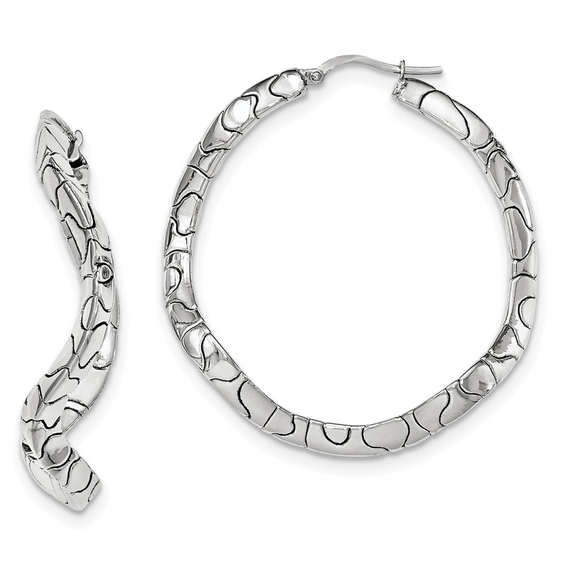 Sterling Silver Rhodium-Plated Polished Waved Hinged Hoops
