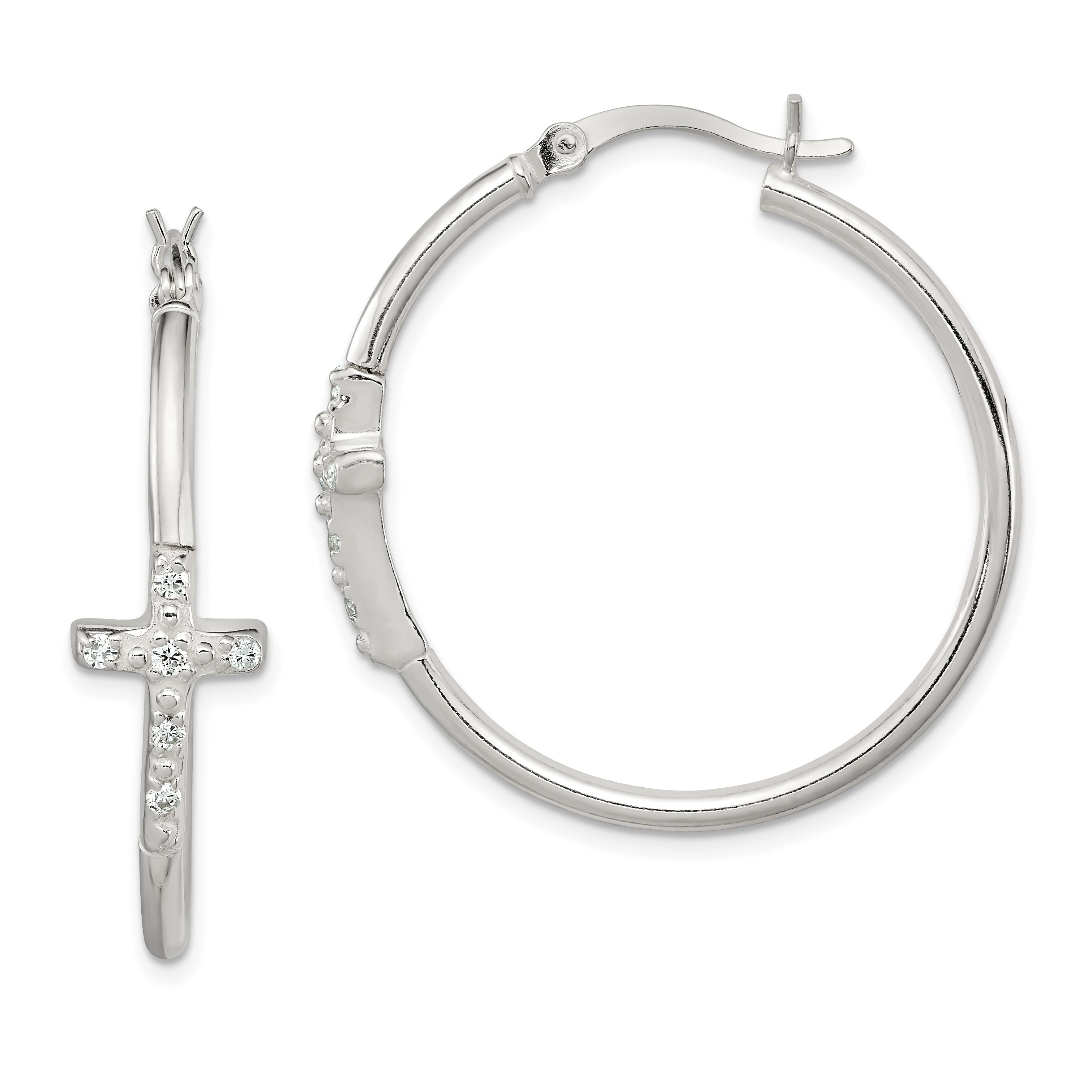 Sterling Silver Polished Cz Cross 2.5mm Round Hoop Earrings