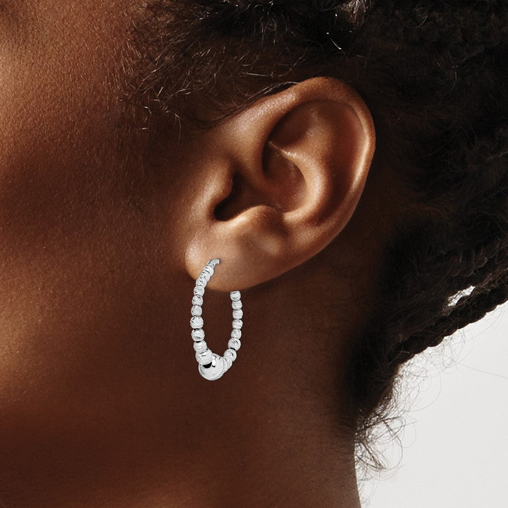 Sterling Silver Rhodium-Plated Diamond-Cut Beaded Hoop Earrings