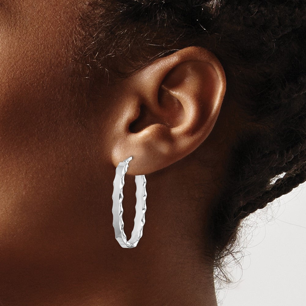 Sterling Silver Rh-Plated Scalloped Edge 5mm Oval Hoop Earrings