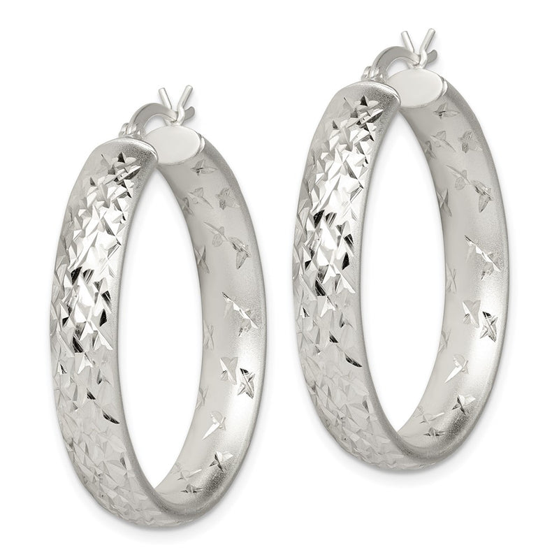 Sterling Silver Satin & Diamond-Cut 5mm Round Hoop Earrings