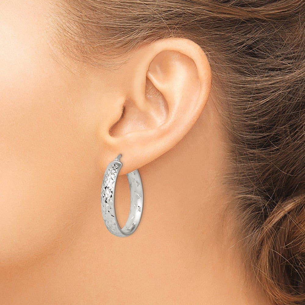Sterling Silver Satin & Diamond-Cut 5mm Round Hoop Earrings