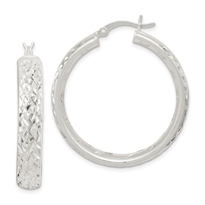 Sterling Silver Satin & Diamond-Cut 5mm Round Hoop Earrings