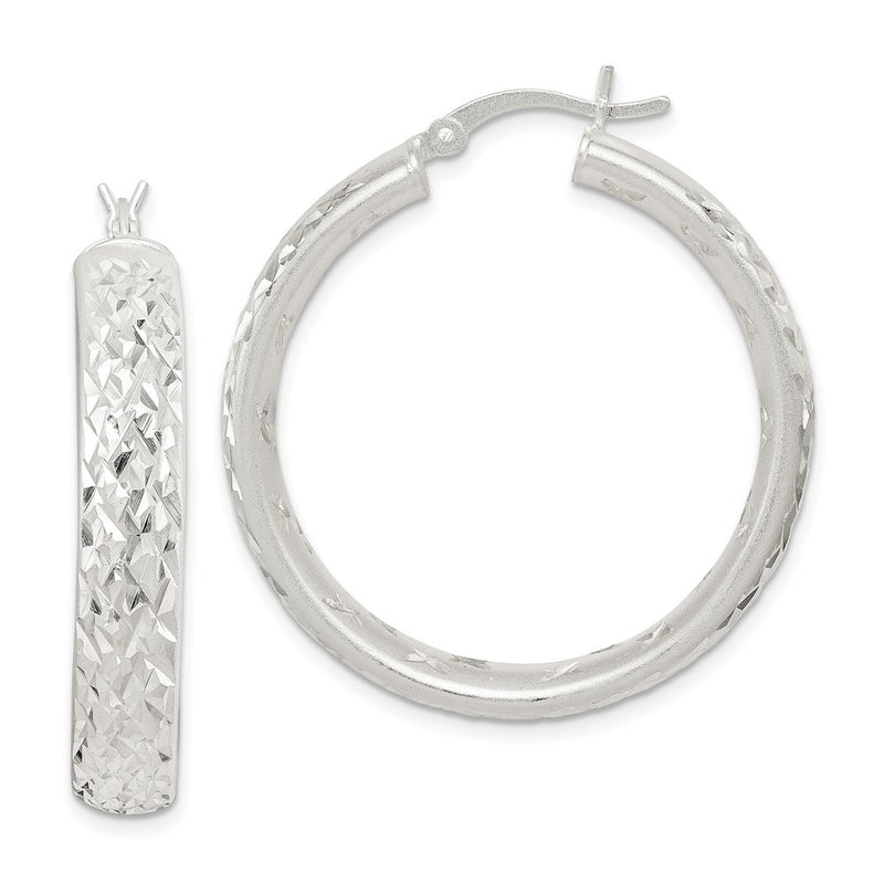 Sterling Silver Satin & Diamond-Cut 5mm Round Hoop Earrings