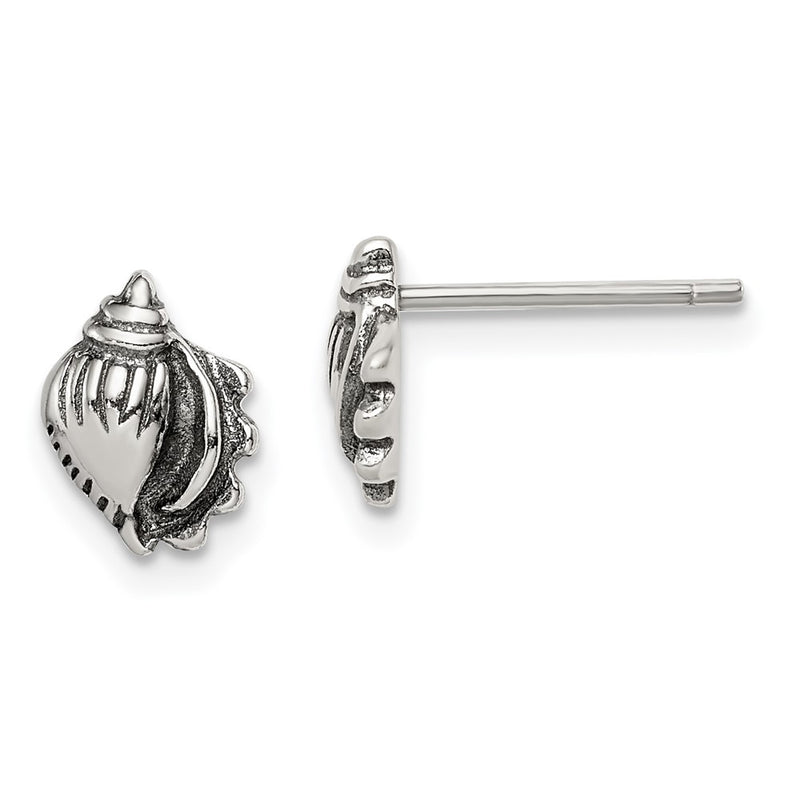 Sterling Silver Polished And Antiqued Sea Shell Post Earrings