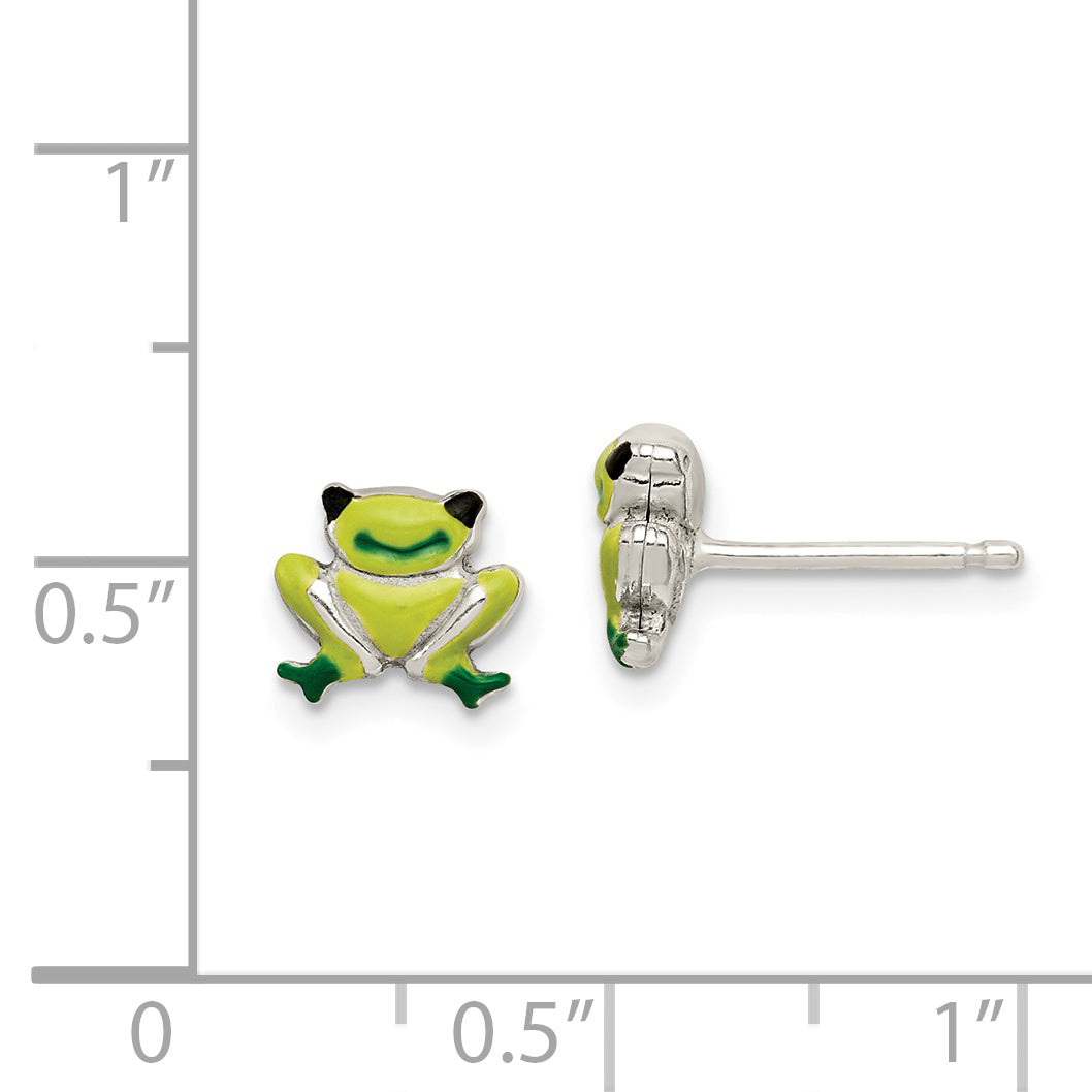 Sterling Silver Polished Enamel Frog Childs Post Earrings
