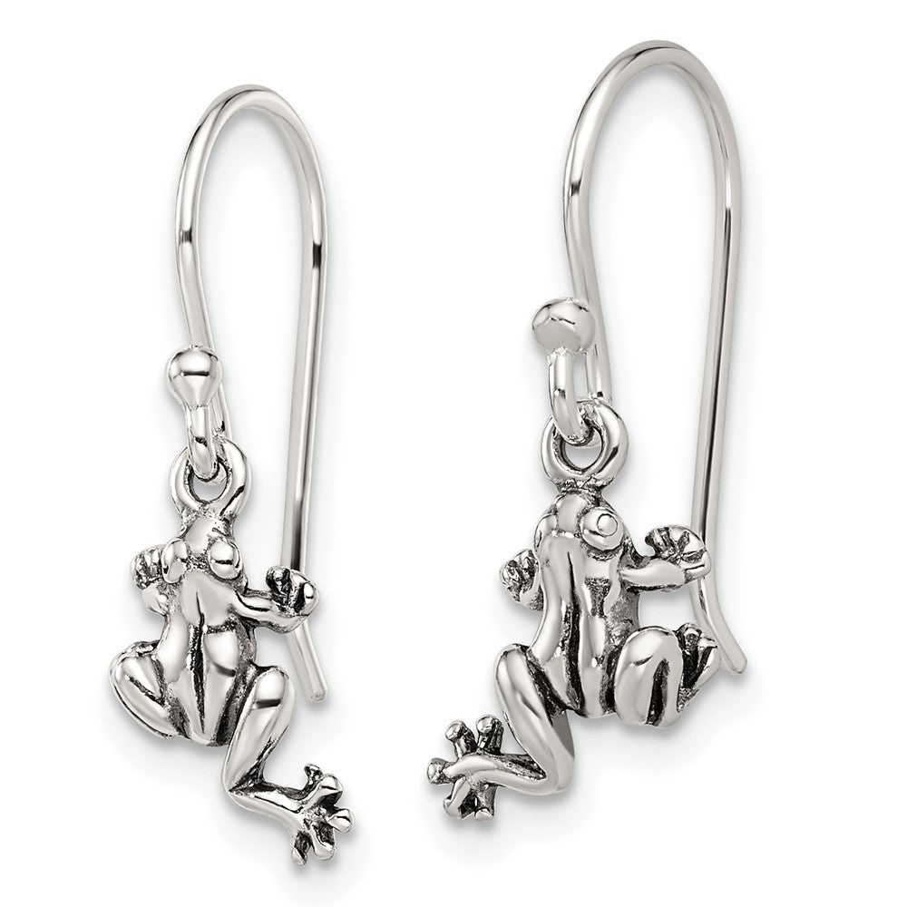 Sterling Silver And Antiqued Frog Shepherd Hook Earrings