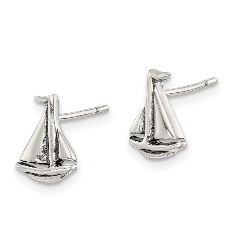 Sterling Silver Polished And Antiqued Sailboat Post Earrings