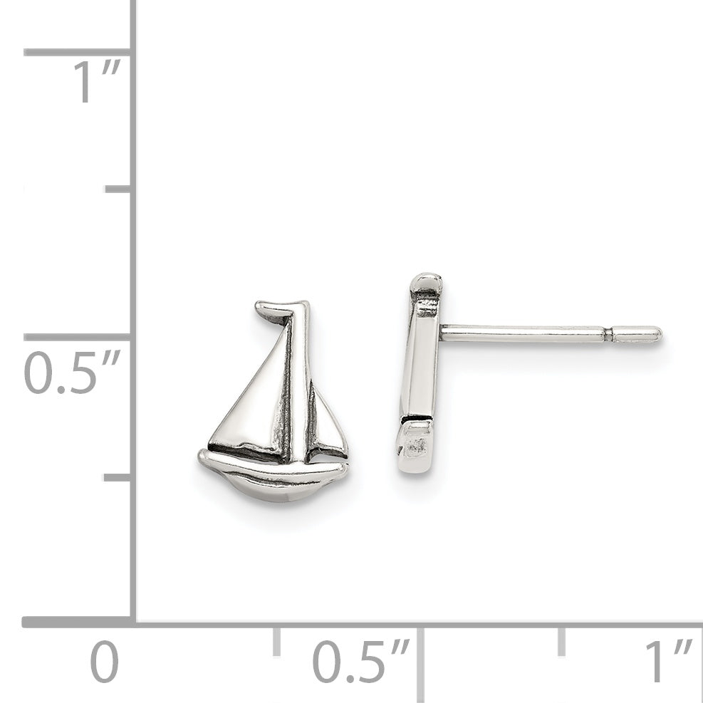 Sterling Silver Polished And Antiqued Sailboat Post Earrings