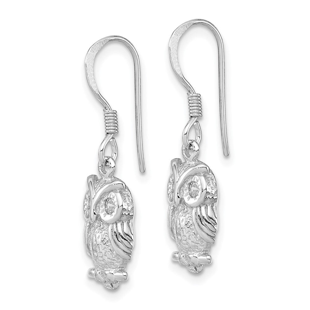 Sterling Silver Rhodium-Plated Cz Owl Shepherd Hook Earrings