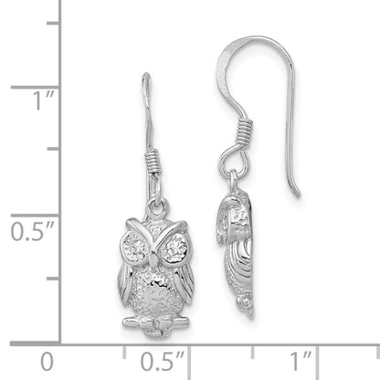Sterling Silver Rhodium-Plated Cz Owl Shepherd Hook Earrings
