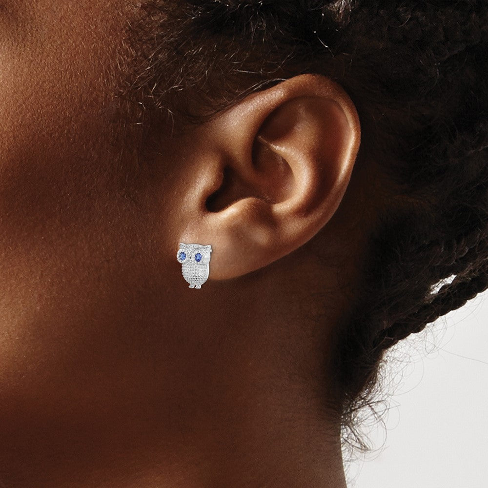 Sterling Silver Rh-Plated Blue Glass Owl Post Earrings
