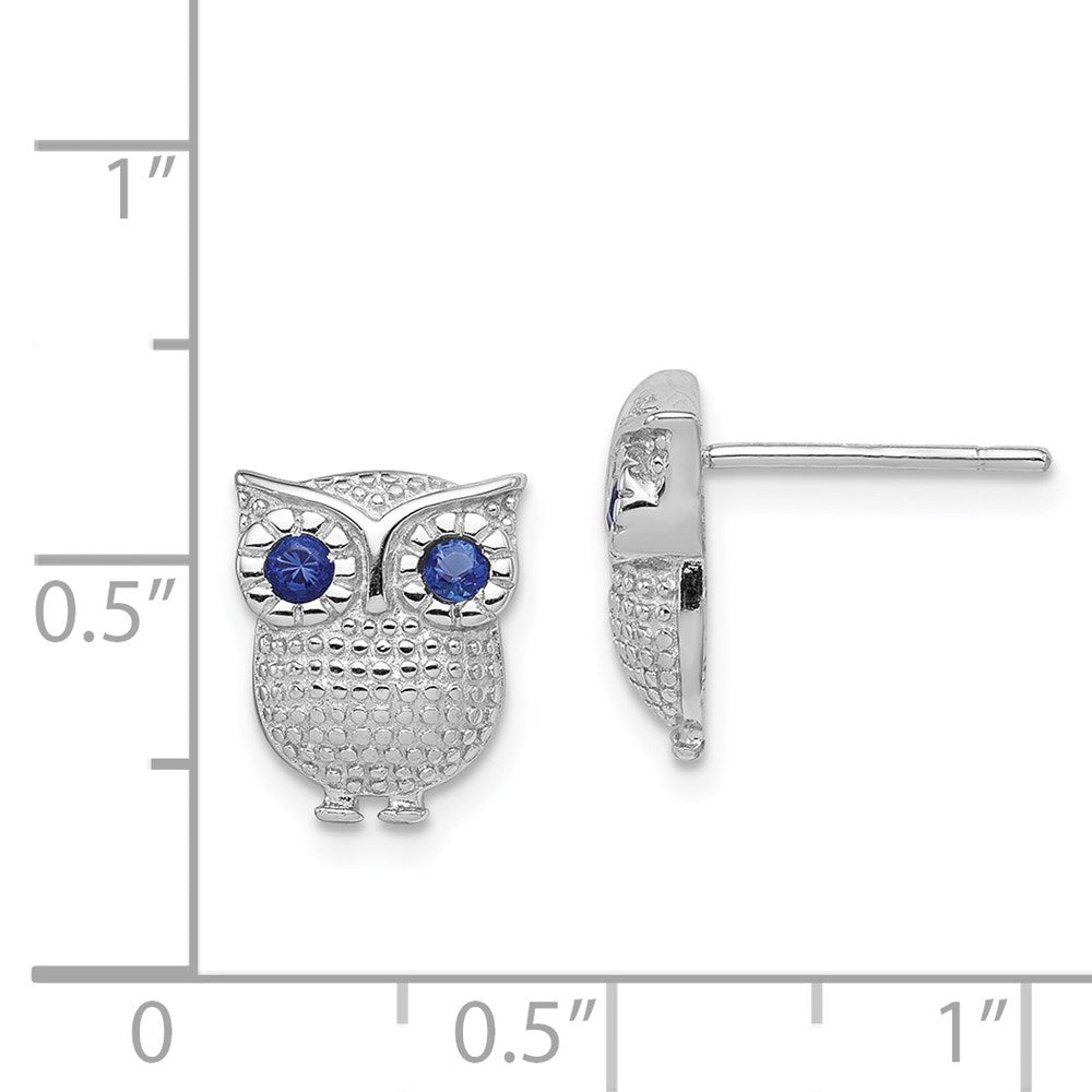 Sterling Silver Rh-Plated Blue Glass Owl Post Earrings