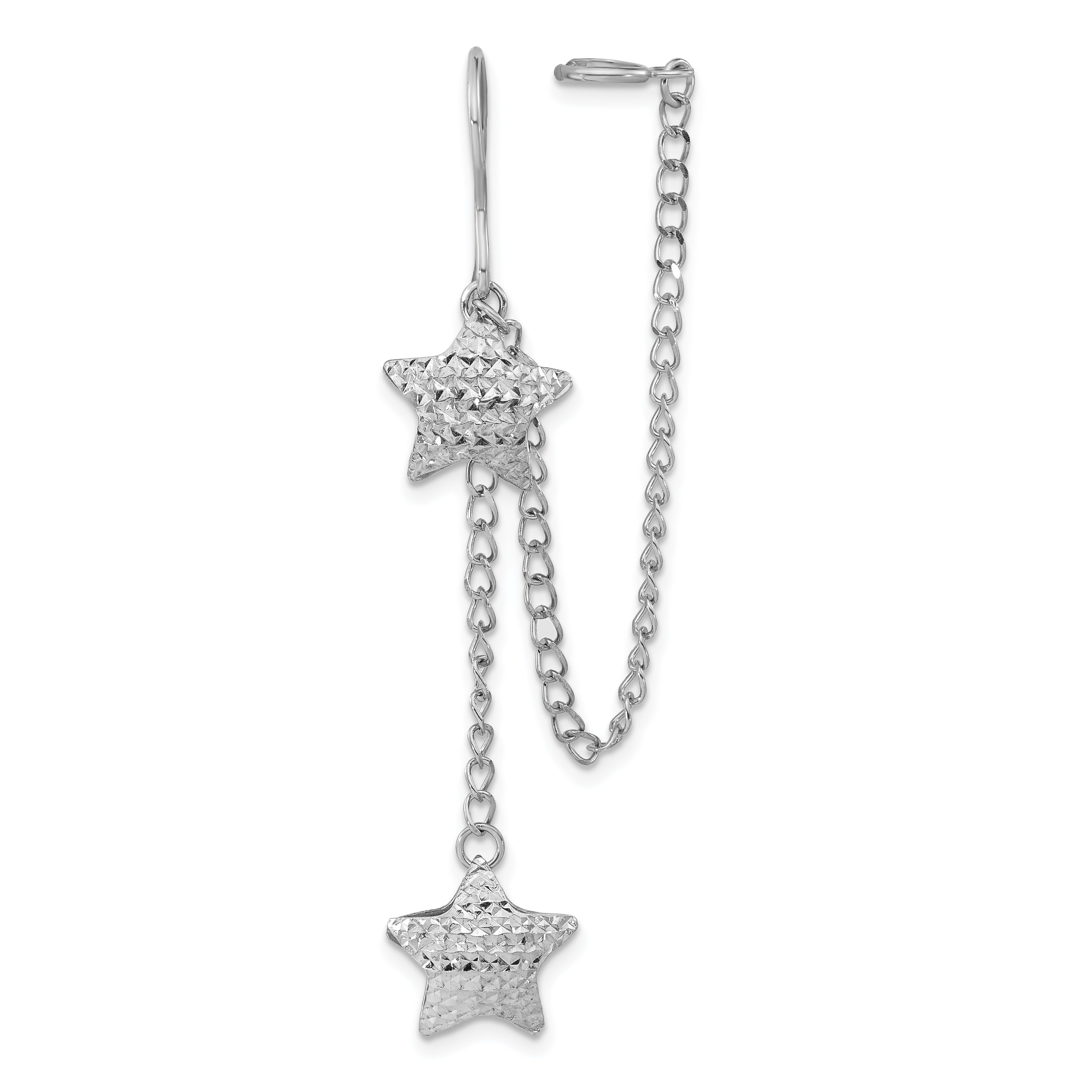 Sterling Silver Rhodium-Pated D/C Star Dangle & Earlobe Cuff Earring