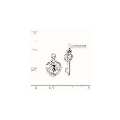 Sterling Silver Polished Cz Heart Lock & Key Post Dangle Earrings