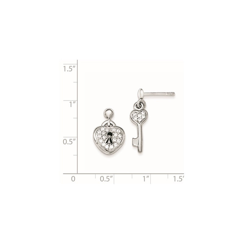 Sterling Silver Polished Cz Heart Lock & Key Post Dangle Earrings