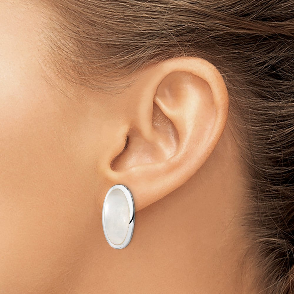 Sterling Silver Rhodium-Plated Polished Mother Of Pearl Oval Non Pierced Earrings