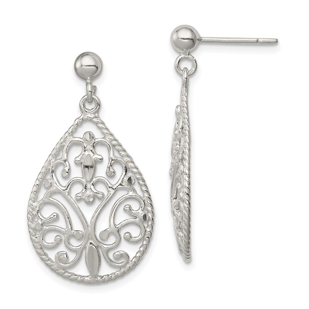 Sterling Silver Polished Twisted & Diamond-Cut Teardrop Post Dangle Earring