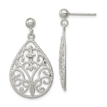 Sterling Silver Polished Twisted & Diamond-Cut Teardrop Post Dangle Earring
