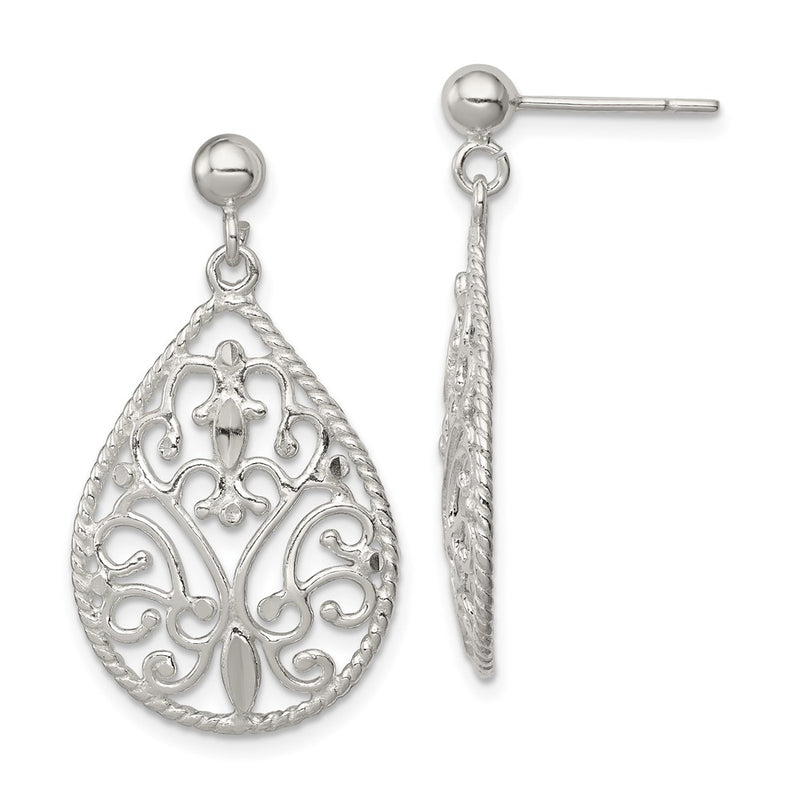 Sterling Silver Polished Twisted & Diamond-Cut Teardrop Post Dangle Earring