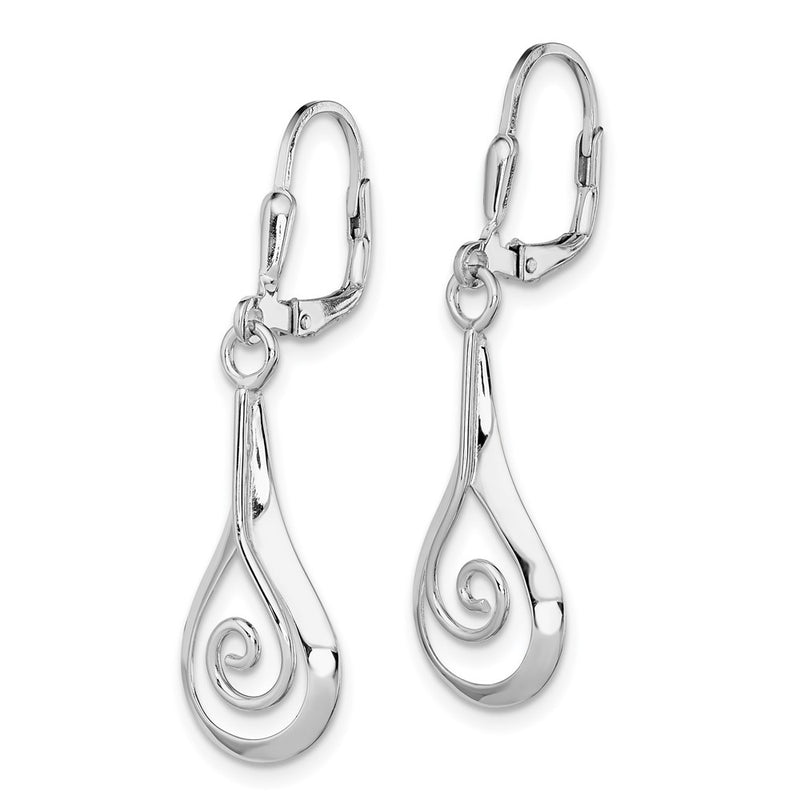 Sterling Silver Rhod-Plated Polished Swirl Teardrop Dangle Leverback Earrin