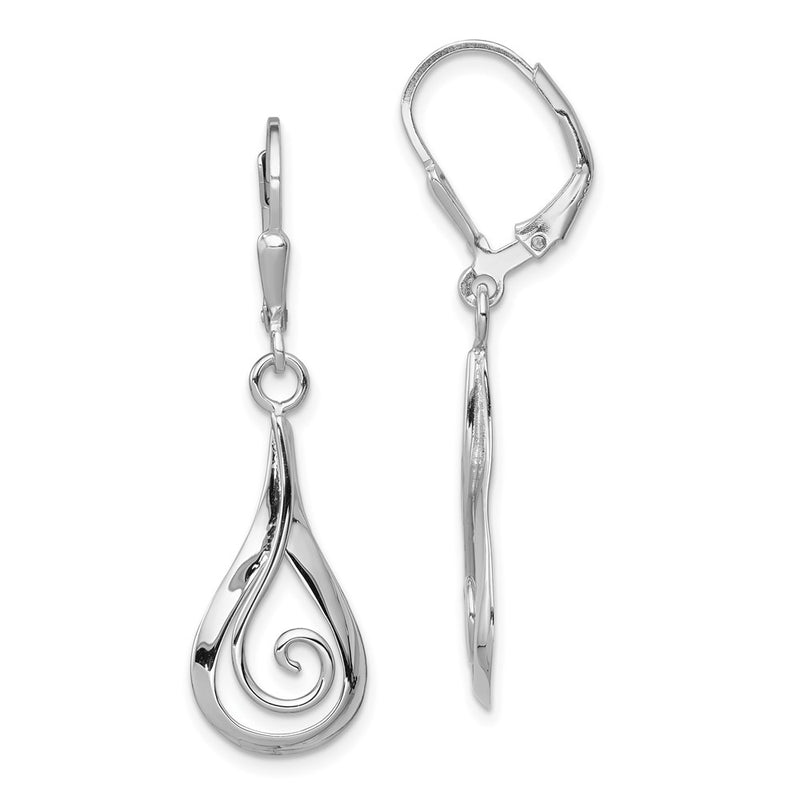 Sterling Silver Rhod-Plated Polished Swirl Teardrop Dangle Leverback Earrin