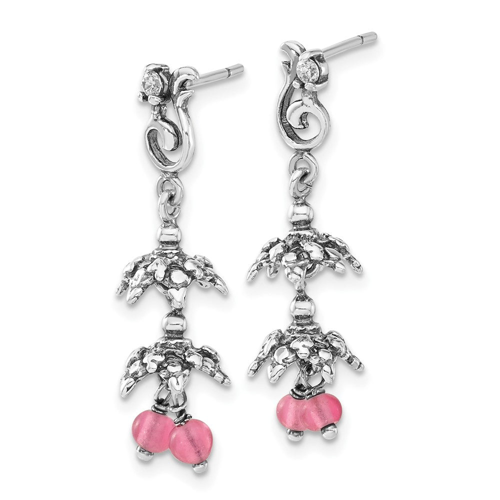 Sterling Silver Antiqued Cz & Glass Beads Post Dangle Earrings