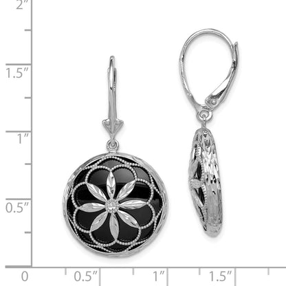 Sterling Silver Rhodium-Plated Beaded Filigree Diamond Cut Starburst Pattern Onyx Dangle Leverback Earrings