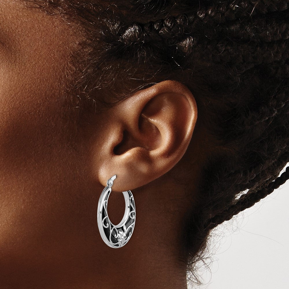 Sterling Silver Rhodium-Plated Polished Onyx Floral Round Hoop Earrings