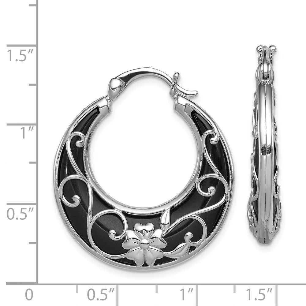 Sterling Silver Rhodium-Plated Polished Onyx Floral Round Hoop Earrings